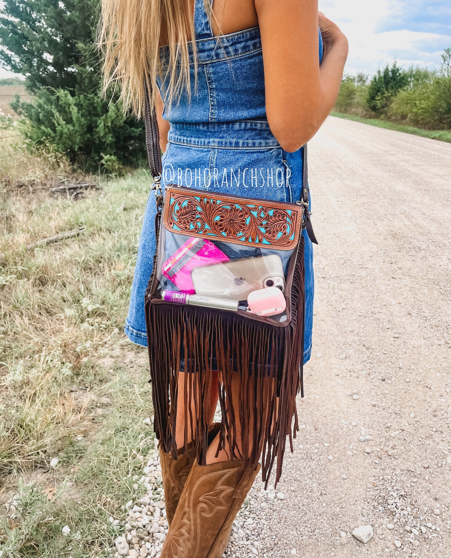Ellie Hand Tooled Clear Crossbody Purse - Concert & Game Day