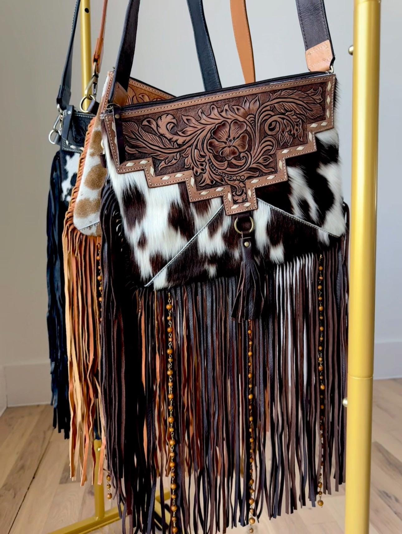 THE DIXIE CROSSBODY Hairon western cowhide hand tooled leather purse Messenger Fringe cowhide Bag