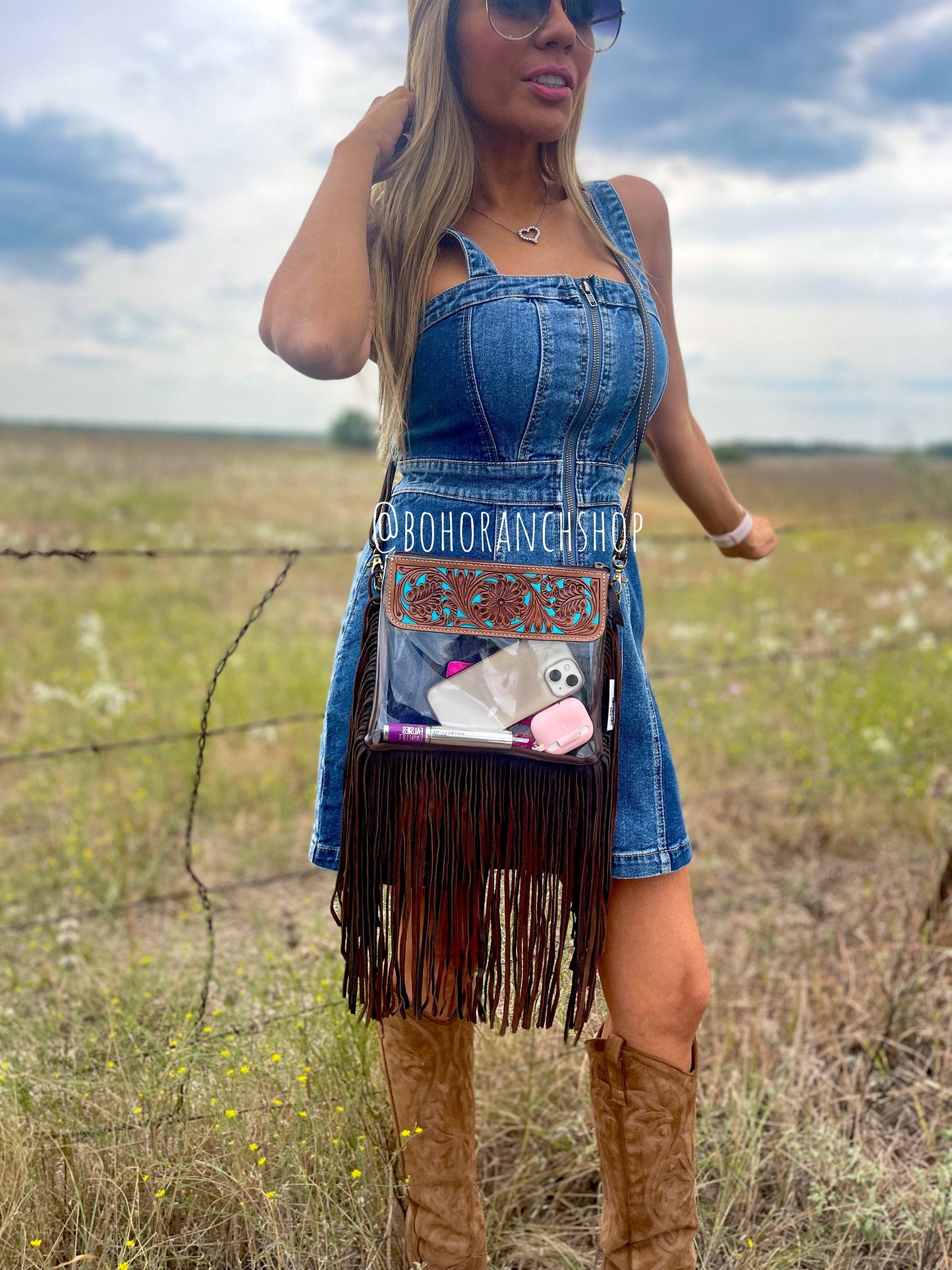 Ellie Hand Tooled Clear Crossbody Purse - Concert & Game Day