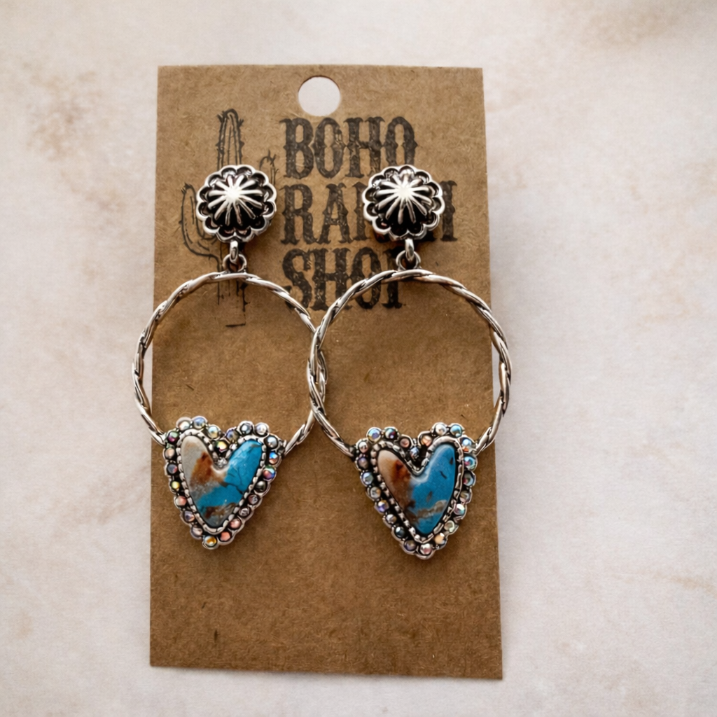 Western Turquoise Heart Hoop Earrings