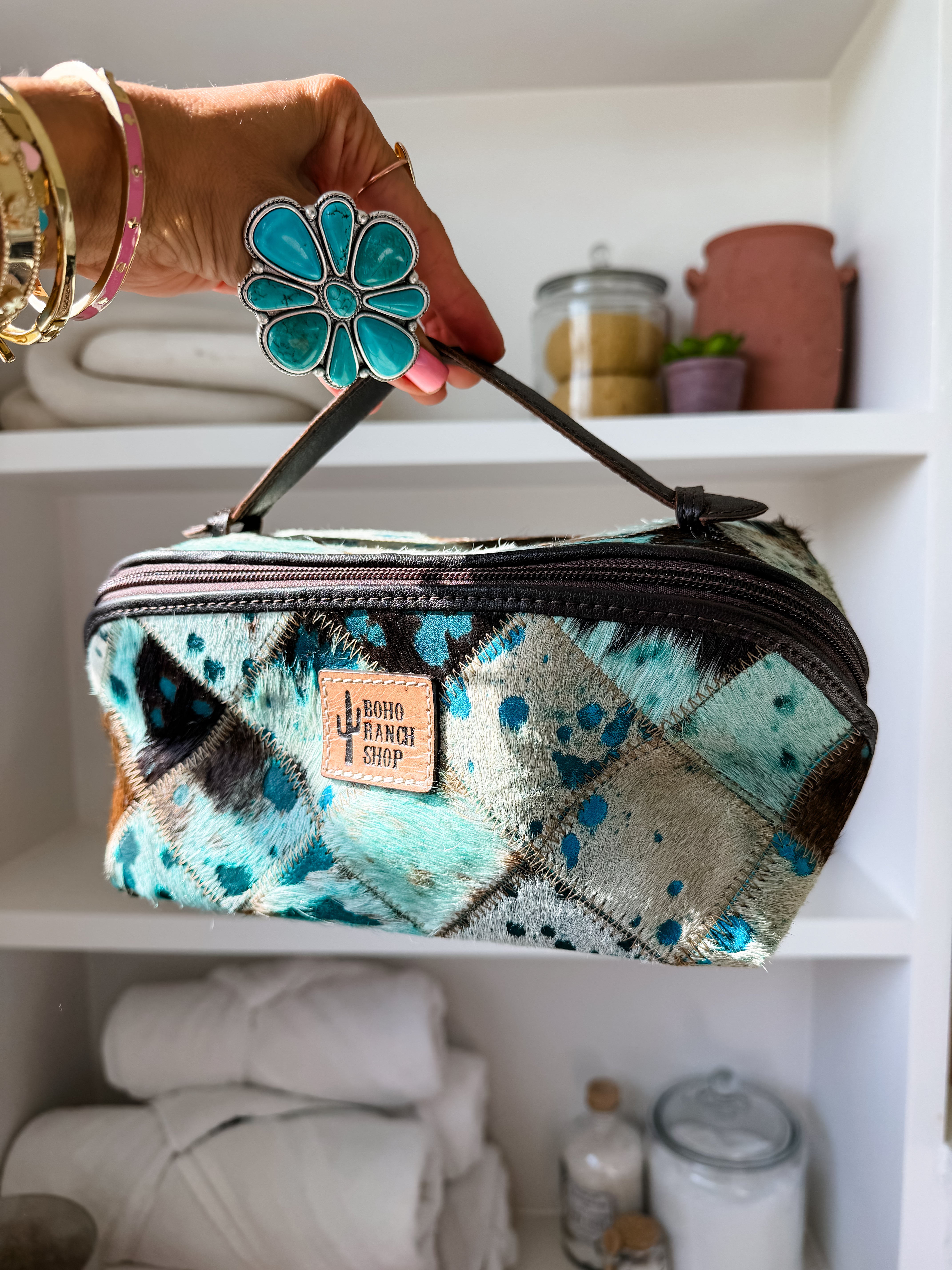 The Ella - Genuine Cowhide Makeup Bag, Leather Cosmetic Bag, Diagonal Zip Toiletry Bag, Travel Makeup Organizer, Western Gift for Her