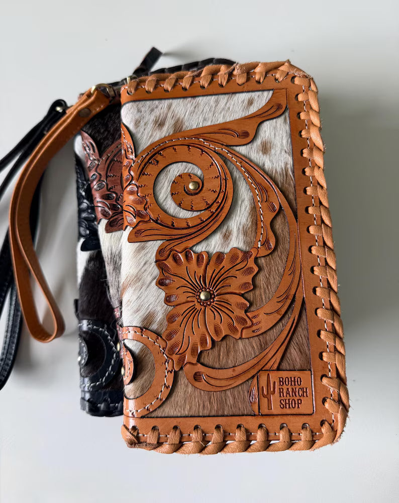 ERICKA WRISTLET WALLET Cowhide & Tooled Leather Wallet | Western Women’s Zip Wallet | Genuine Leather Organizer Clutch | Cowhide