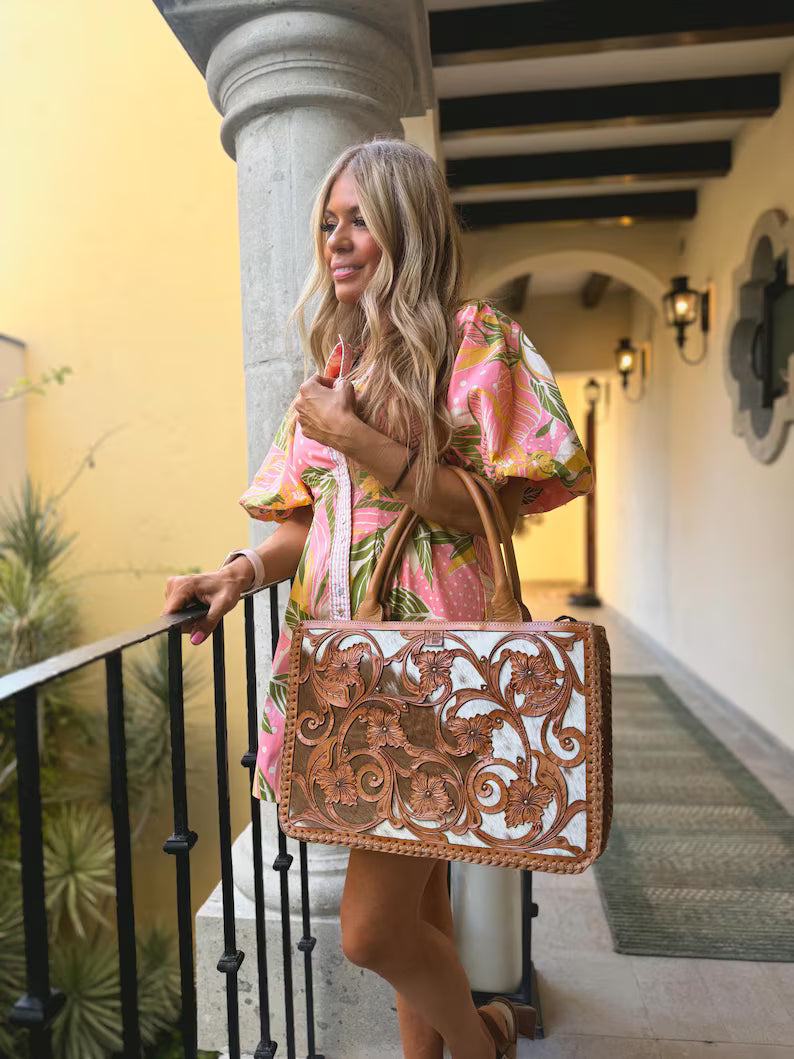 ERICKA TOTE Tooled Leather Purse | Genuine Cowhide Purse | Western Leather Handbag | Hair On Hide Tote | Large Leather Travel Boho Ranch Bag