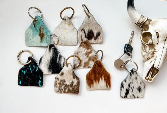 COWHIDE EARTAG KEYCHAIN | Cow Cattle Ear Tag hair on cowhide leather keychain | key chain  | leather hairon cowhide cowhide llavero