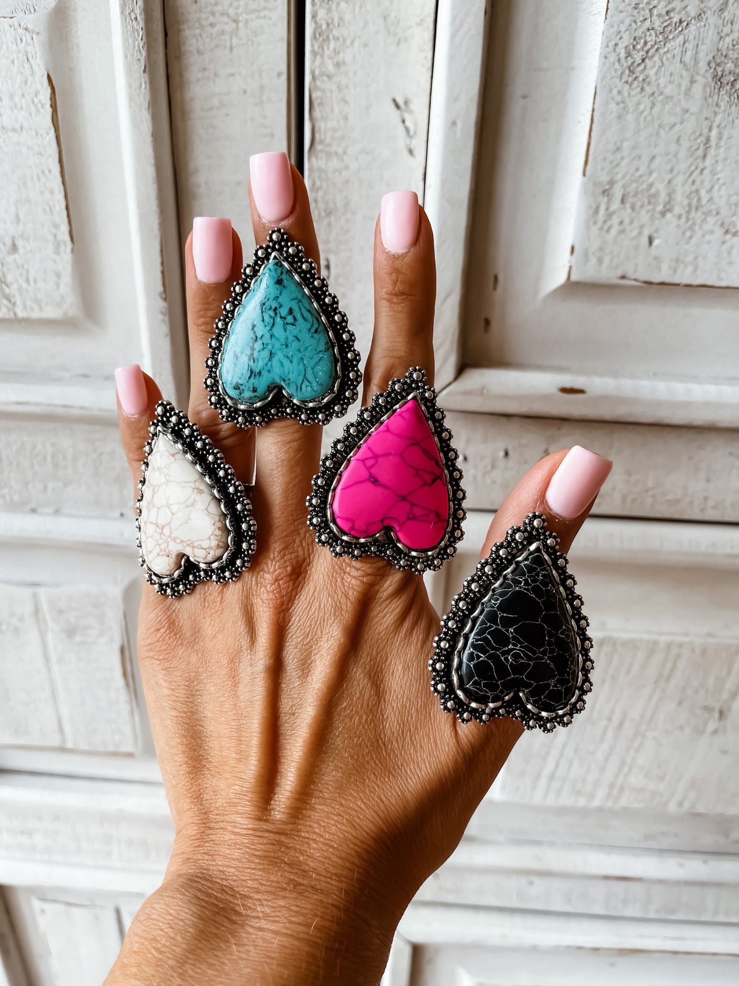 STATEMENT HEART RING | Oversized Western Heart Ring | Statement Ring - adjustable ring -  southwestern pink black white turquoise