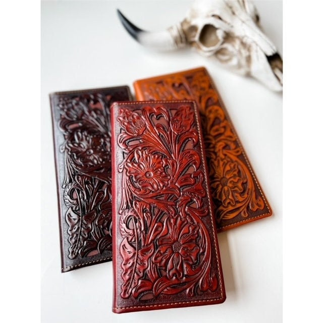 Genuine Tooled Leather Bi-Fold Wallet | Tooling Western Man's Men Men's women Long Wallet Checkbook | FREE SHIPPING | gift idea