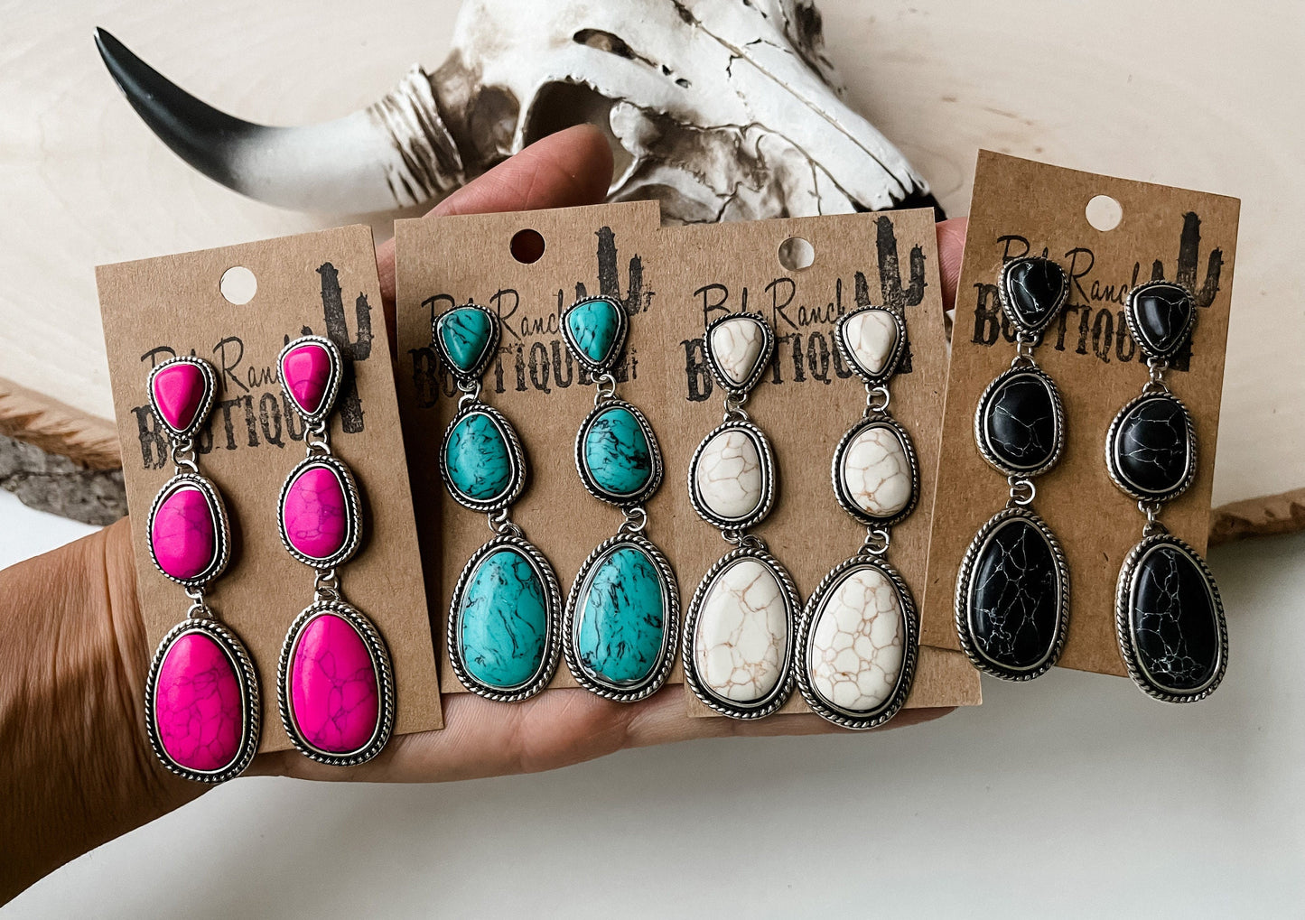 METAL STONE DROP Earrings 3 tier | Southwestern Jewelry  Turquoise black white fuchsia  | rodeo howdy bride bridesmaids bachelorette wedding