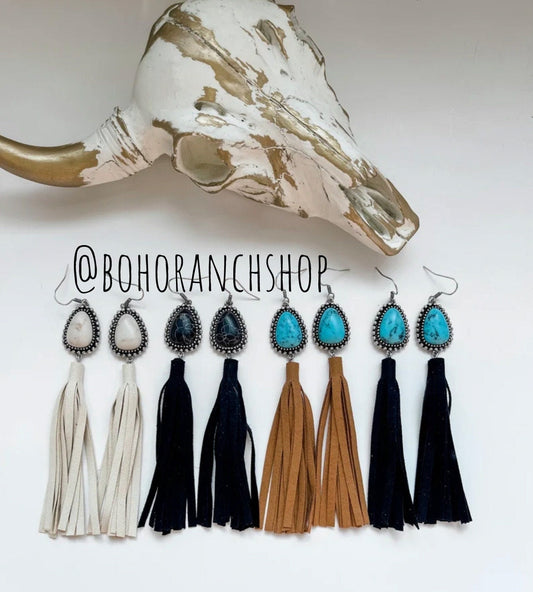 TASSEL FRINGE EARRINGS suede - Teardrop stone - Western - party earrings - statement earrings -