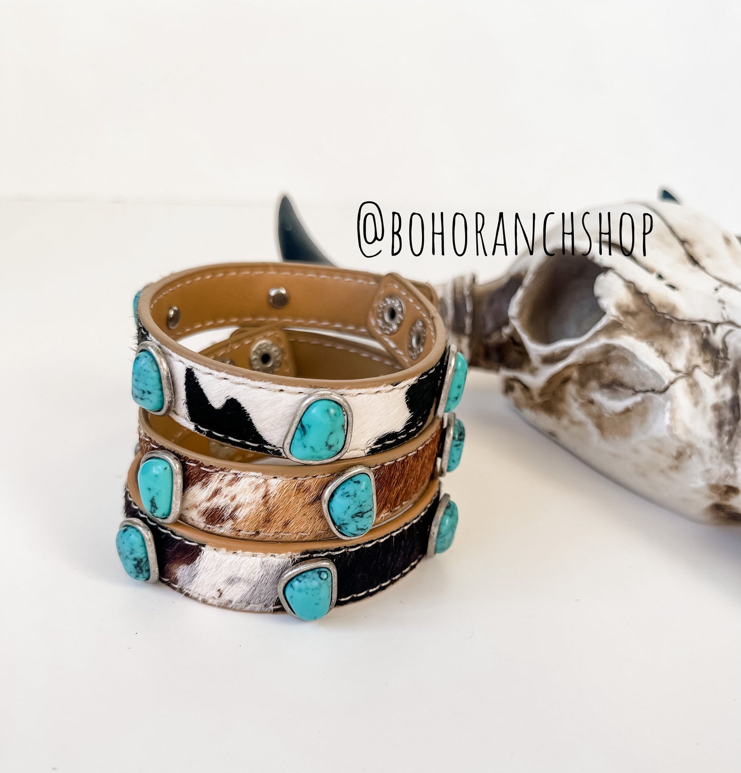 COWHIDE CUFF STONE bracelet | Hair on Cowhide genuine leather | turquoise colored stones southwestern western jewelry - makes a great gift!