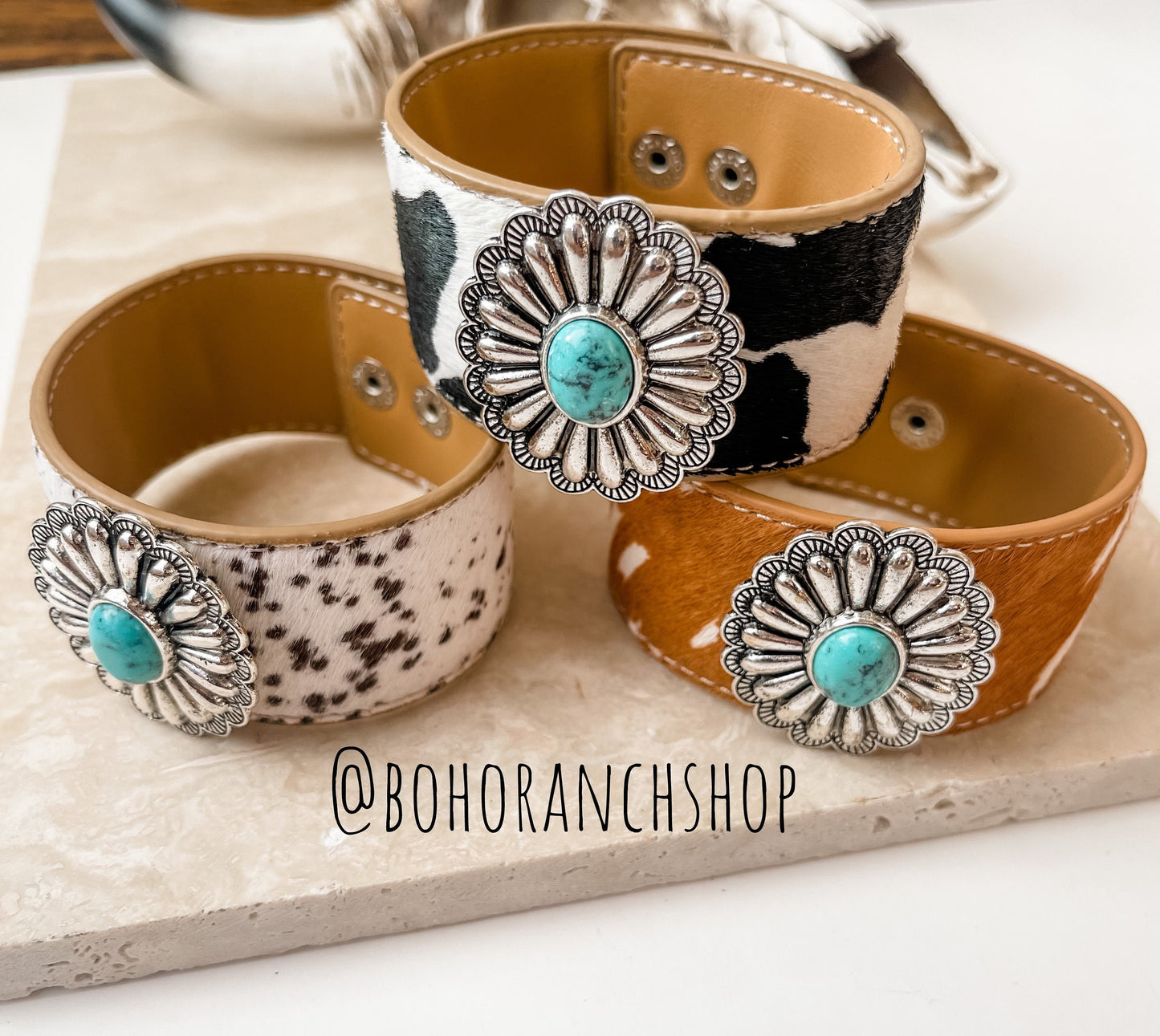 COWHIDE CONCHO BRACELETS | Hair on Cowhide genuine leather | turquoise colored stone southwestern western - jewelry - makes a great gift!
