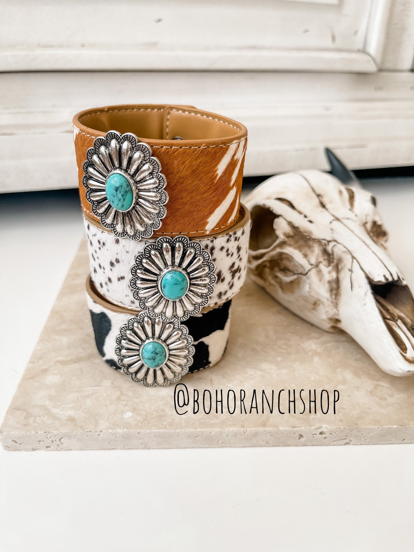 COWHIDE CONCHO BRACELETS | Hair on Cowhide genuine leather | turquoise colored stone southwestern western - jewelry - makes a great gift!