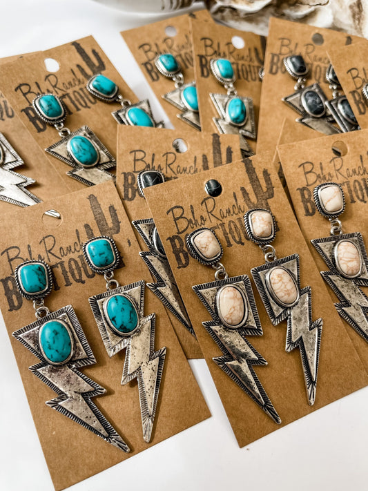 Metal Thunder Lightning Bolt with color Stone Earrings Earring | turquoise white black southwestern jewelry earrings jewelry FREE SHIPPING