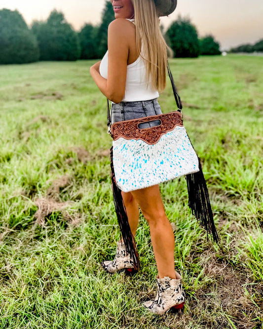 THE MAGGIE - TOOLED western Leather Cowhide Fringe Tassel crossbody | Crossbody Messenger Purse Bag Western Rodeo