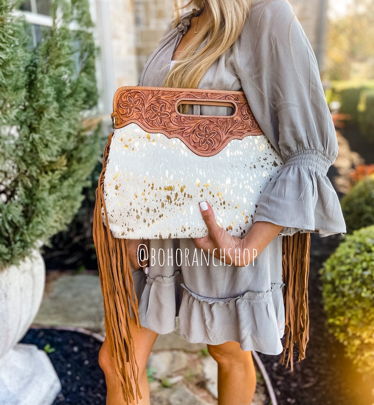 THE MAGGIE - TOOLED crossbody purse beige gold specs | Western Fringe Tassel clutch | Crossbody Messenger Hand tooled leather Purse Bag