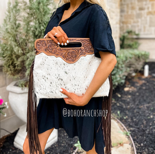 THE MAGGIE - TOOLED cowhide crossbody beige silver specs | Western Fringe Tassel clutch |  Messenger Fringe Hand tooled leather Purse Bag