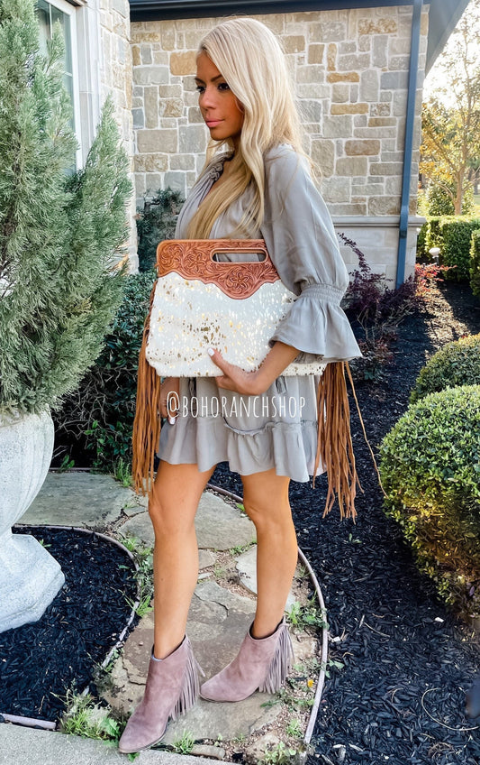 THE MAGGIE - CONCEAL | beige gold specs | conceal carry crossbody Tooled leather cowhide Western Fringe Tassel clutch | Messenger Purse Bag