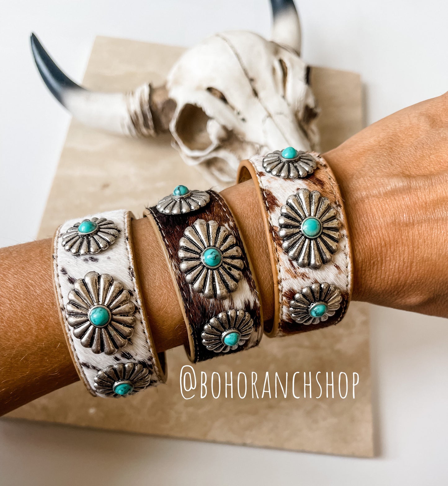 COWHIDE CUFF CONCH bracelet | Hair on Cowhide genuine leather | turquoise colored stones southwestern western jewelry - makes a great gift!