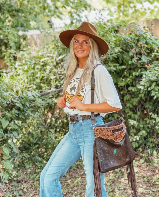 THE MAGGIE - Western Tooled genuine Leather genuine Cowhide Fringe Tassel clutch crossbody | Crossbody Messenger Purse Bag punchy rodeo