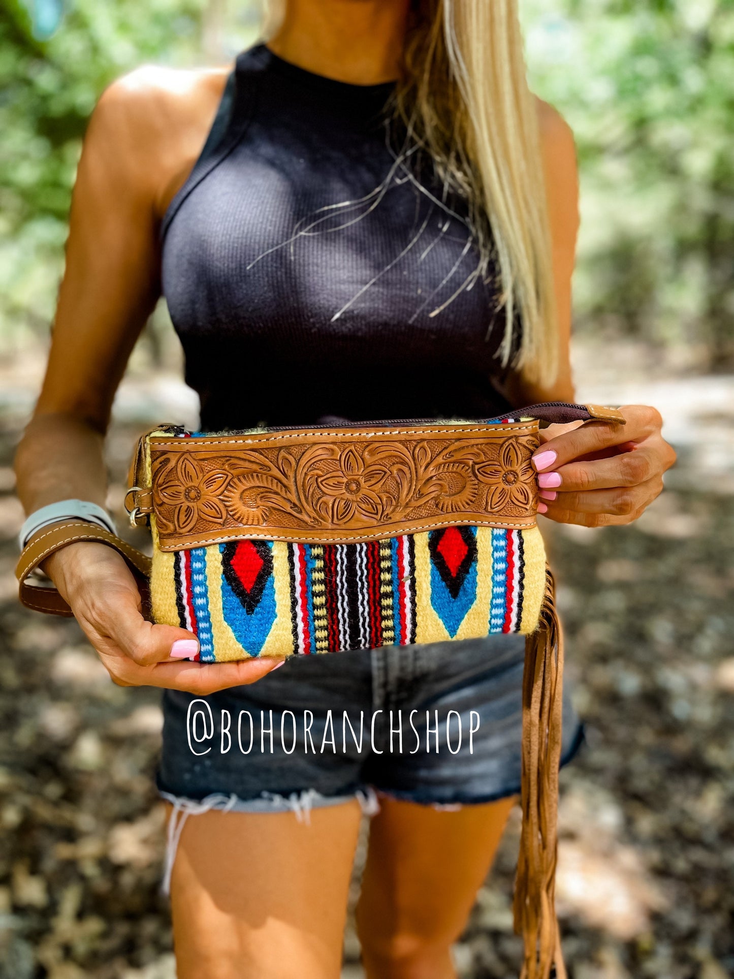 AZTEC TOOLED LEATHER wristlet