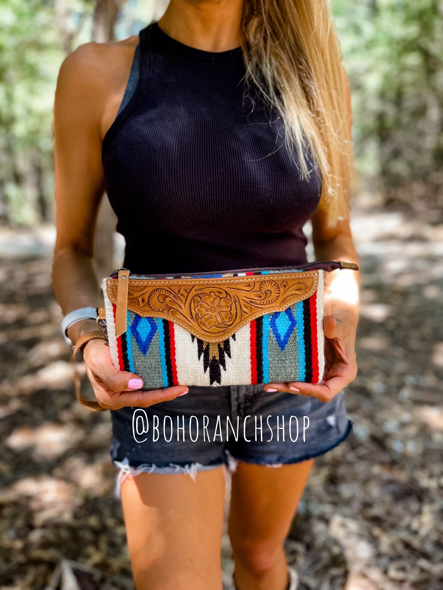 AZTEC TOOLED LEATHER wristlet