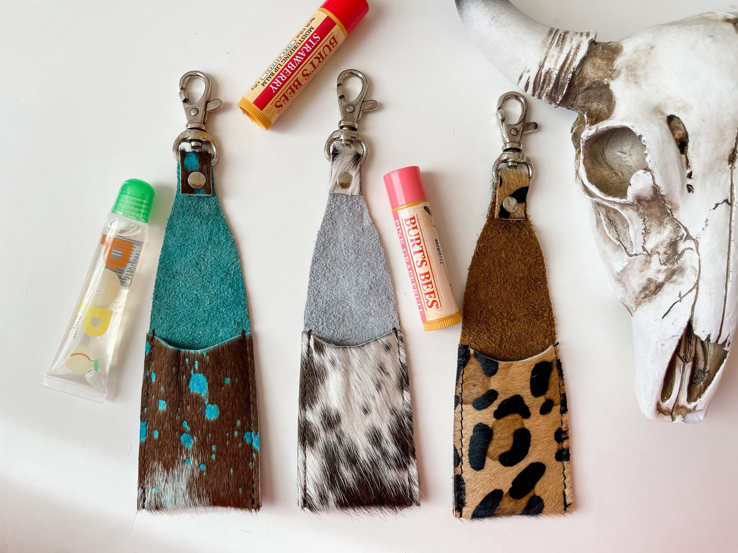 COWHIDE CHAPSTICK CASE lip balm chapstick lipstick case holder | hairon cowhide keychain Punchy stocking stuffer