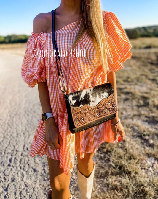 LEATHER FLAP CROSSBODY Western Purse Cowhide Tooled Leather flap clutch crossbody | floral hand tooled | Crossbody Messenger Purse Bag