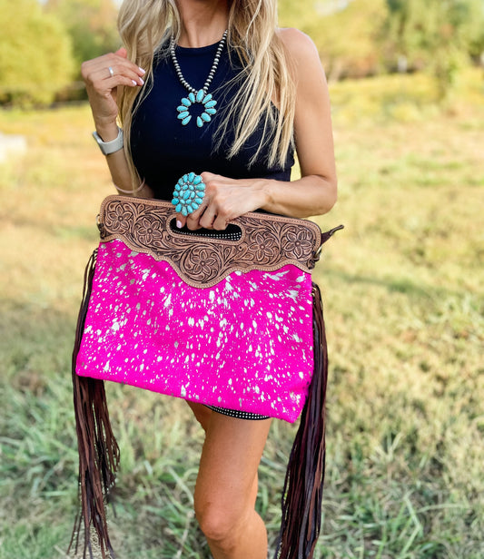 THE MAGGIE - TOOLED cowhide crossbody pink silver specs | Western Fringe Tassel clutch | Messenger Fringe Hand tooled leather Purse Bag