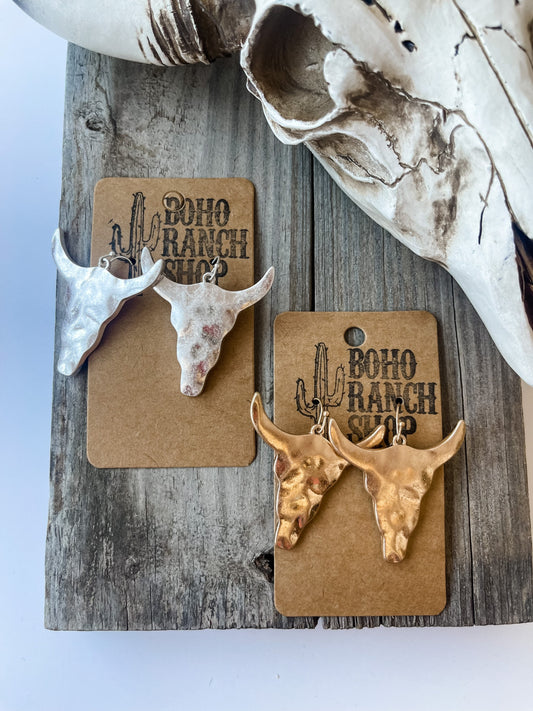 HAMMERED STEER BULL head earrings | aretes Earrings | cow head southwestern jewelry earrings Matte gold silver punchy rodeo