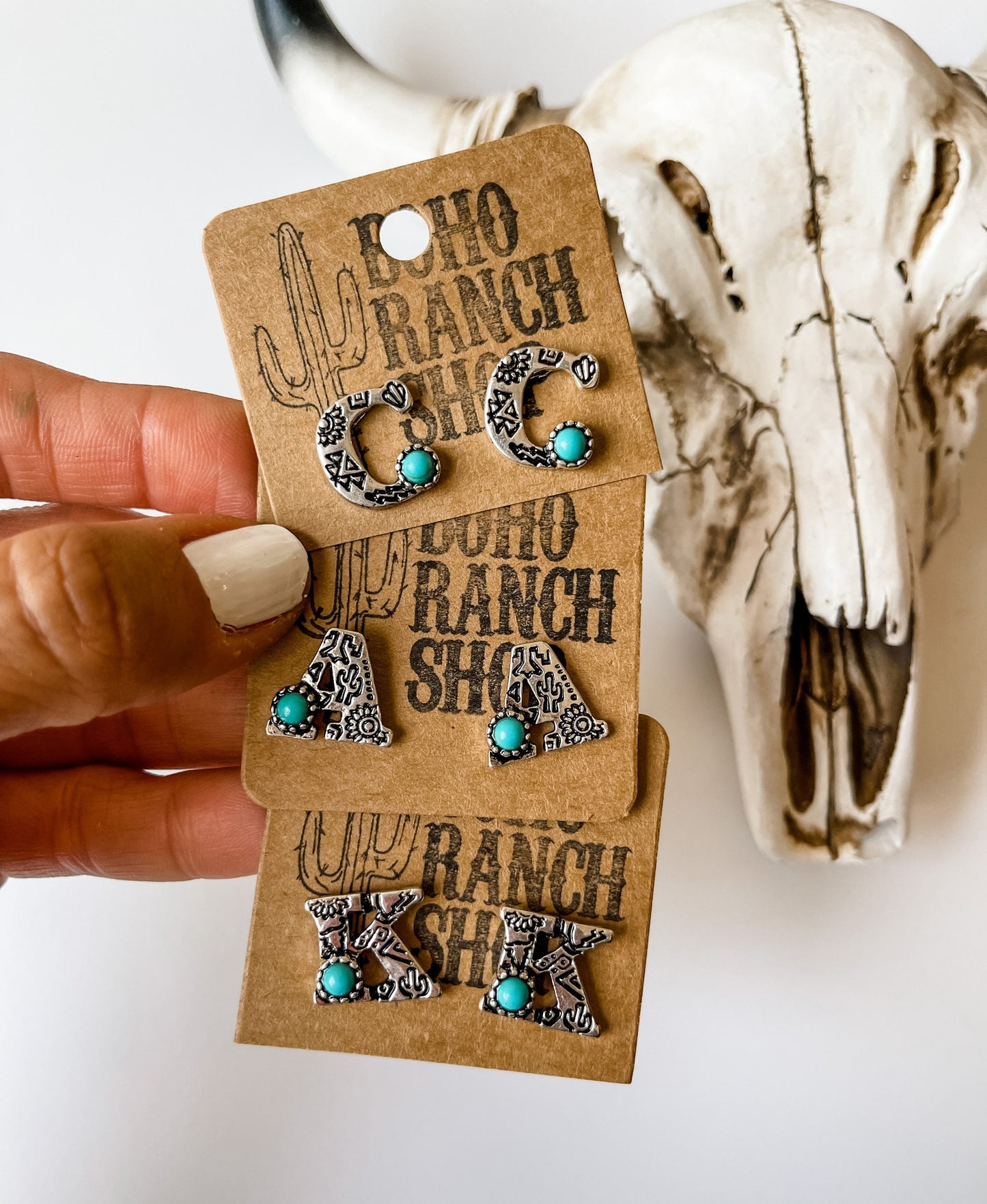 STAMPED INITIAL STUDS | hand stamped western stud earrings Turquoise stone | semi stone Southwestern Jewelry Western bridesmaid gifts punchy