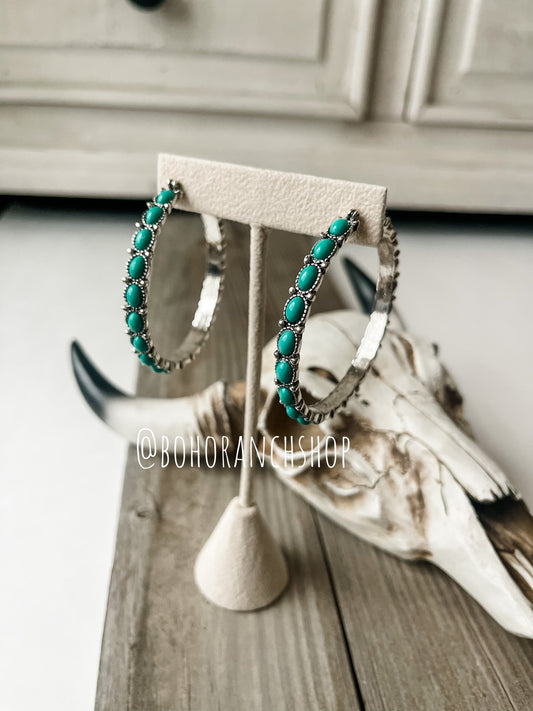 NAVAJO HOOP EARRINGS  - Western statement earrings - texture earrings turquoise colored stone Navajo style punchy howdy