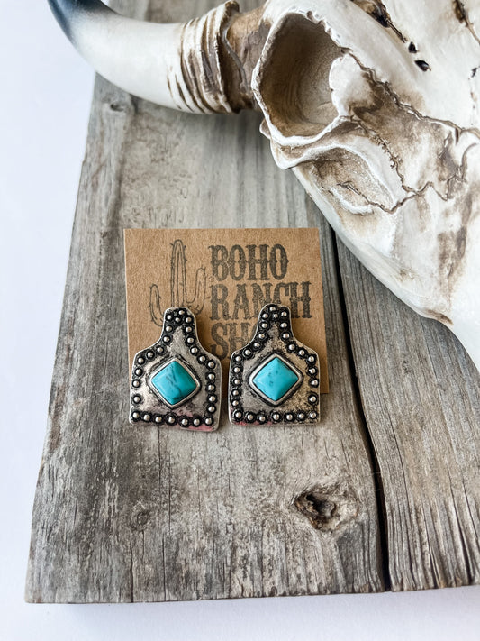 WESTERN EARTAG EARRINGS  | turquoise + silver | ear tag stone stud Southwestern Jewelry Western aretes punchy howdy