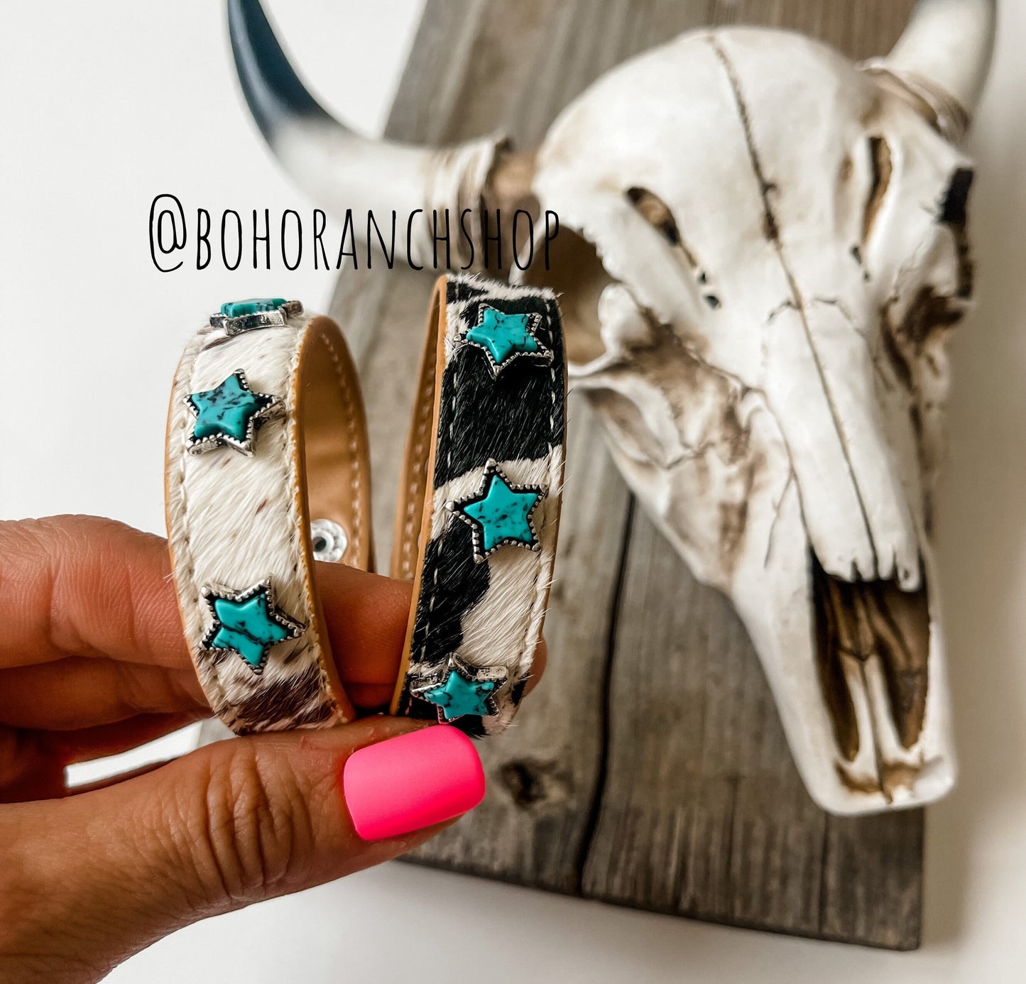 COWHIDE CUFF STAR bracelet | Hair on Cowhide genuine leather | turquoise colored star stones southwestern western jewelry punchy