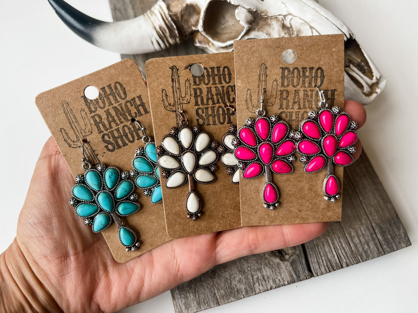 SQUASH BLOSSOM EARRINGS western Squash Blossom Stone Stud Earrings  Western statement earrings white or turquoise colored stone