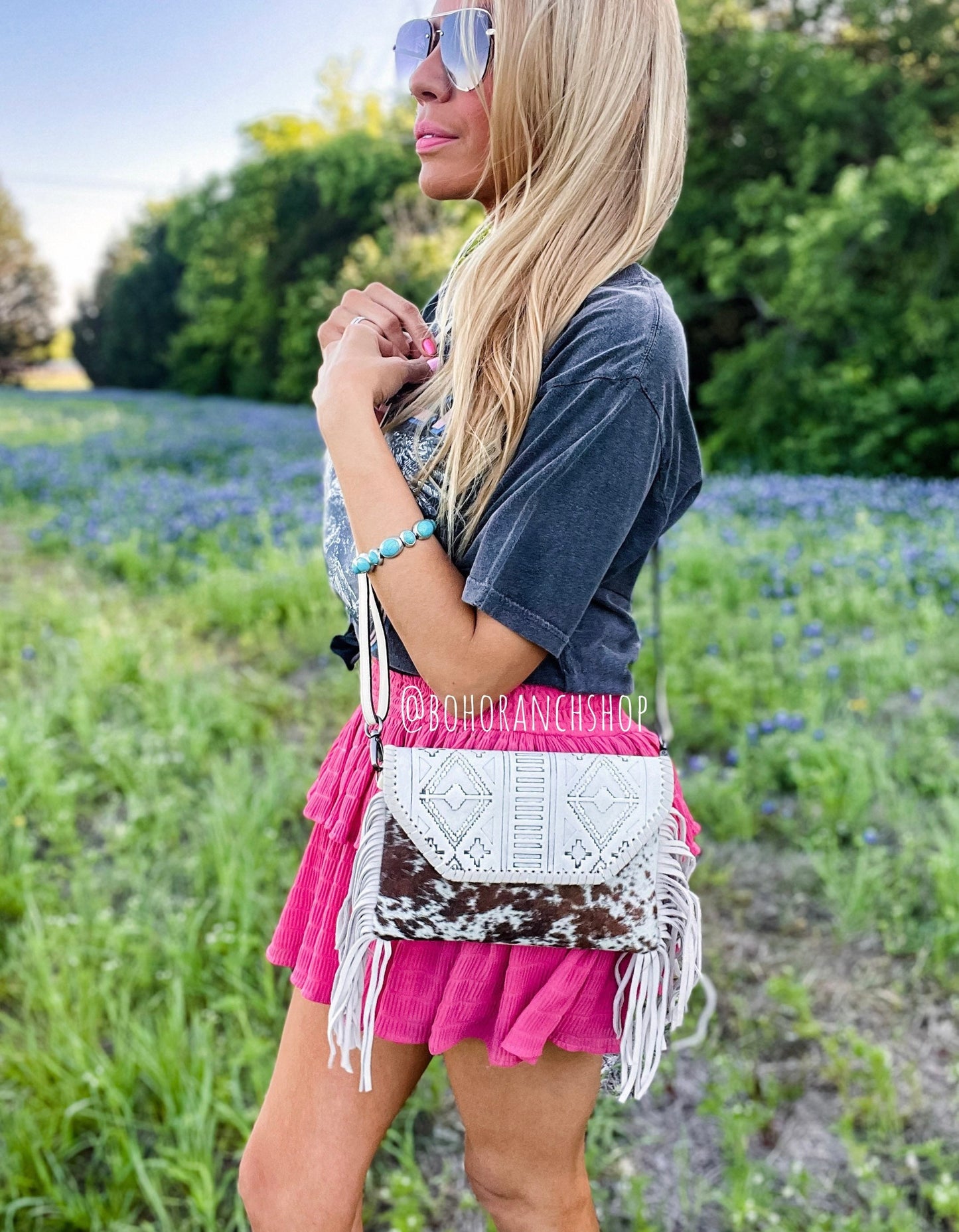 THE LOLA - CROSSBODY Western Tooled Leather Cowhide clutch crossbody | hair on hide fur purse Crossbody Messenger Fringe cowhide Bag