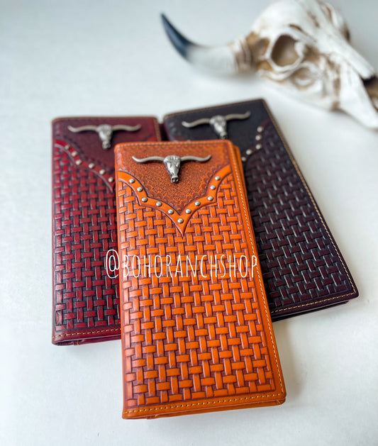 LONGHORN LONG WALLET Genuine Leather Bi-Fold Wallet |  Longhorn | Tooling Western Man's Men Men's women Long Wallet Checkbook | gift idea