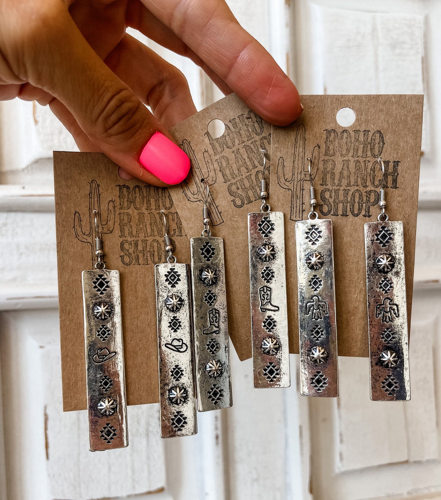 METAL HAND STAMPED Bar Earrings Rodeo cowgirl boots cactus