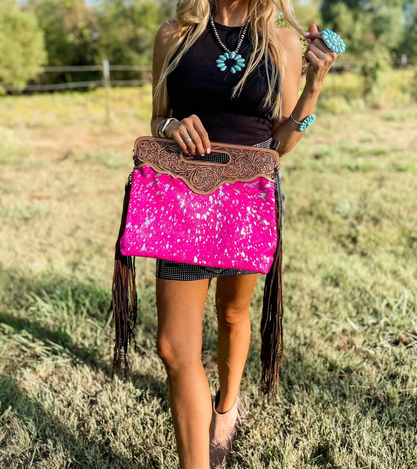 THE MAGGIE - TOOLED conceal carry cowhide crossbody pink silver specs | Western Fringe Tassel clutch | Messenger Fringe leather Purse Bag