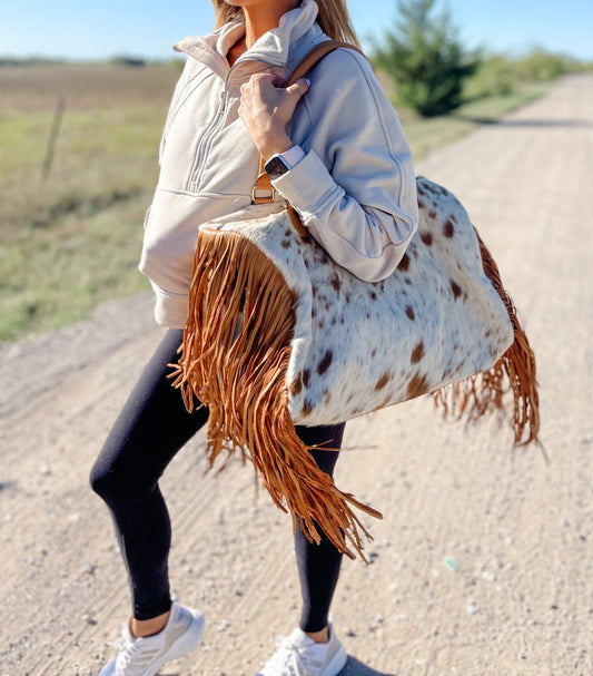 WEEKENDER FRINGE DUFFLE leather hair on cowhide duffel travel bag | Tote purse | diaper Bag Weekend Overnight hospital bag | great gift!