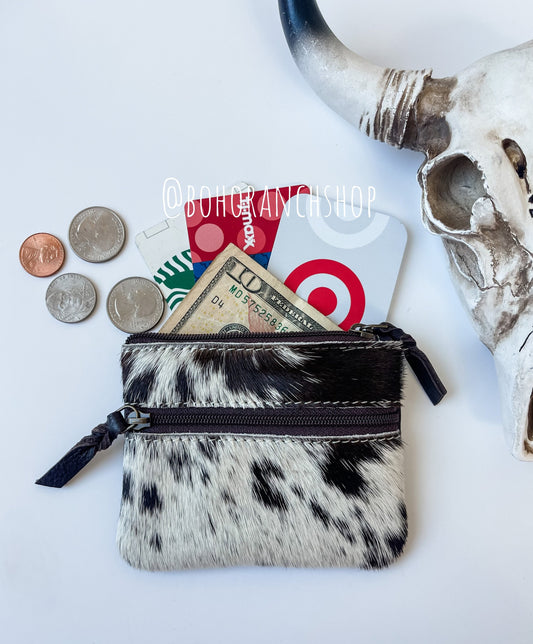 COWHIDE COIN ZIPPERED pouch | Genuine hair on Cowhide Change Coin Pouch | Credit Card cash Pouch Bag Holder - gift idea | Gifts For Her Him