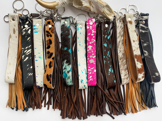 COWHIDE TASSEL KEYCHAIN wristlet western hair on cowhide fringe keychain | key chain leather hairon cowhide llavero punchy stocking stuffer
