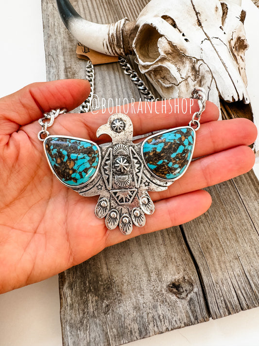 THUNDERBIRD PENDANT NECKLACE  | marble Turquoise colored stone | Southwestern Jewelry Western