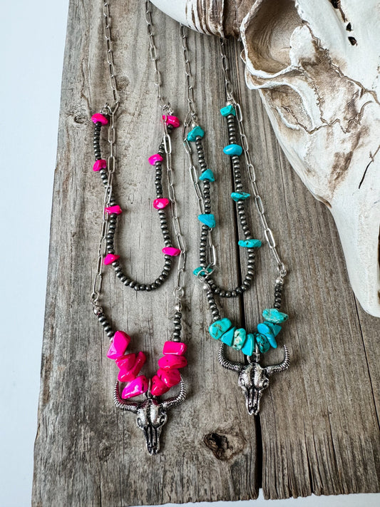 STEER PENDANT NECKLACE  | fuschia pink or Turquoise chip stones | Southwestern Jewelry Western