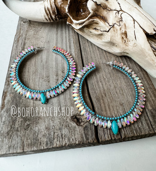 TURQUOISE GLASS HOOP stone earrings - Western Turquoise & Glass Stone Hoop Earrings