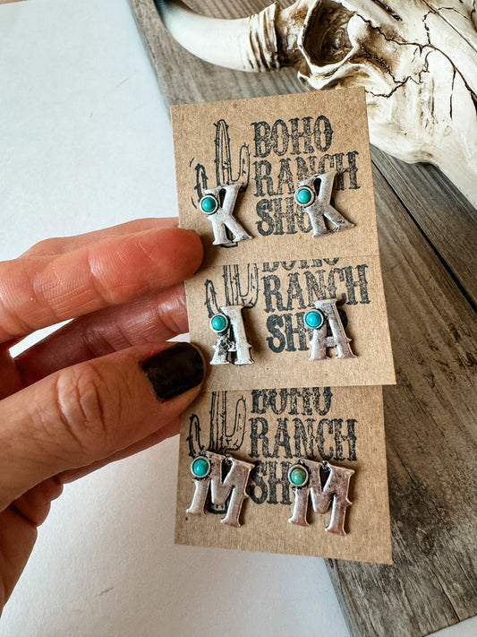 WESTERN INITIAL STUDS | western stud earrings Turquoise stone | semi stone Southwestern Jewelry Western bridesmaid gifts punchy