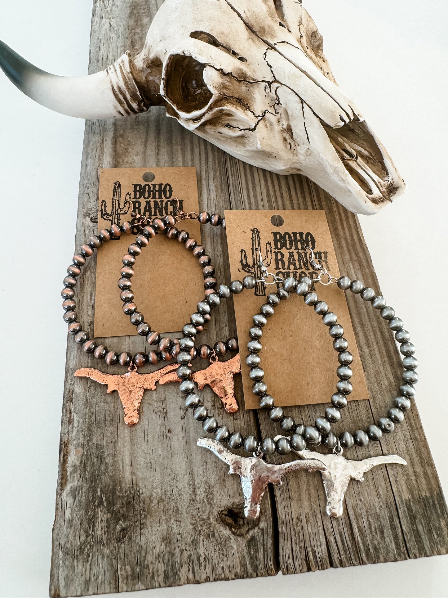 NAVAJO PEARL HOOPS earrings  - steer longhorn Western statement earrings - Navajo style silver or copper | cowgirl rodeo punchy