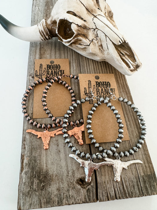 NAVAJO PEARL HOOPS earrings  - steer longhorn Western statement earrings - Navajo style silver or copper | cowgirl rodeo punchy