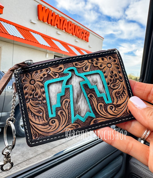 THUNDERBIRD LONGHORN KEYCHAIN brown wallet | Genuine hair on freebird Cowhide Keychain Credit Card cash Holder Coin Pouch Gifts For Her Him