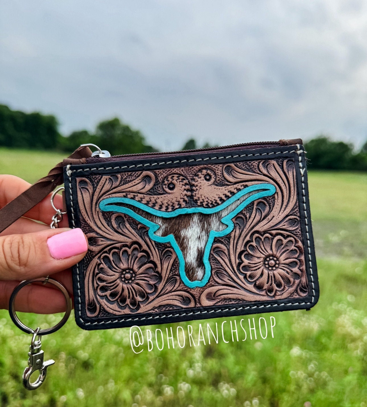 LONGHORN KEYCHAIN WALLET | Genuine hair on Cowhide Keychain Credit Card cash Holder Coin Pouch | gift idea | Gifts For Her Him