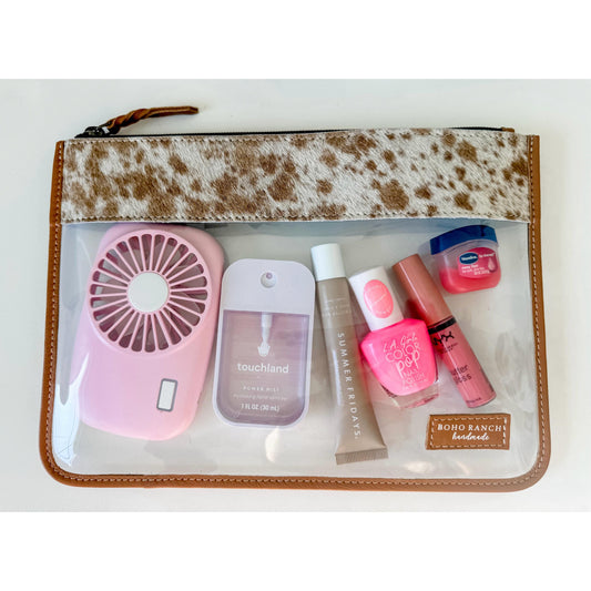 COWHIDE CLEAR POUCH Genuine Hair On Cowhide Leather clear makeup bag travel toiletry pouch western shaving cosmetics punchy howdy