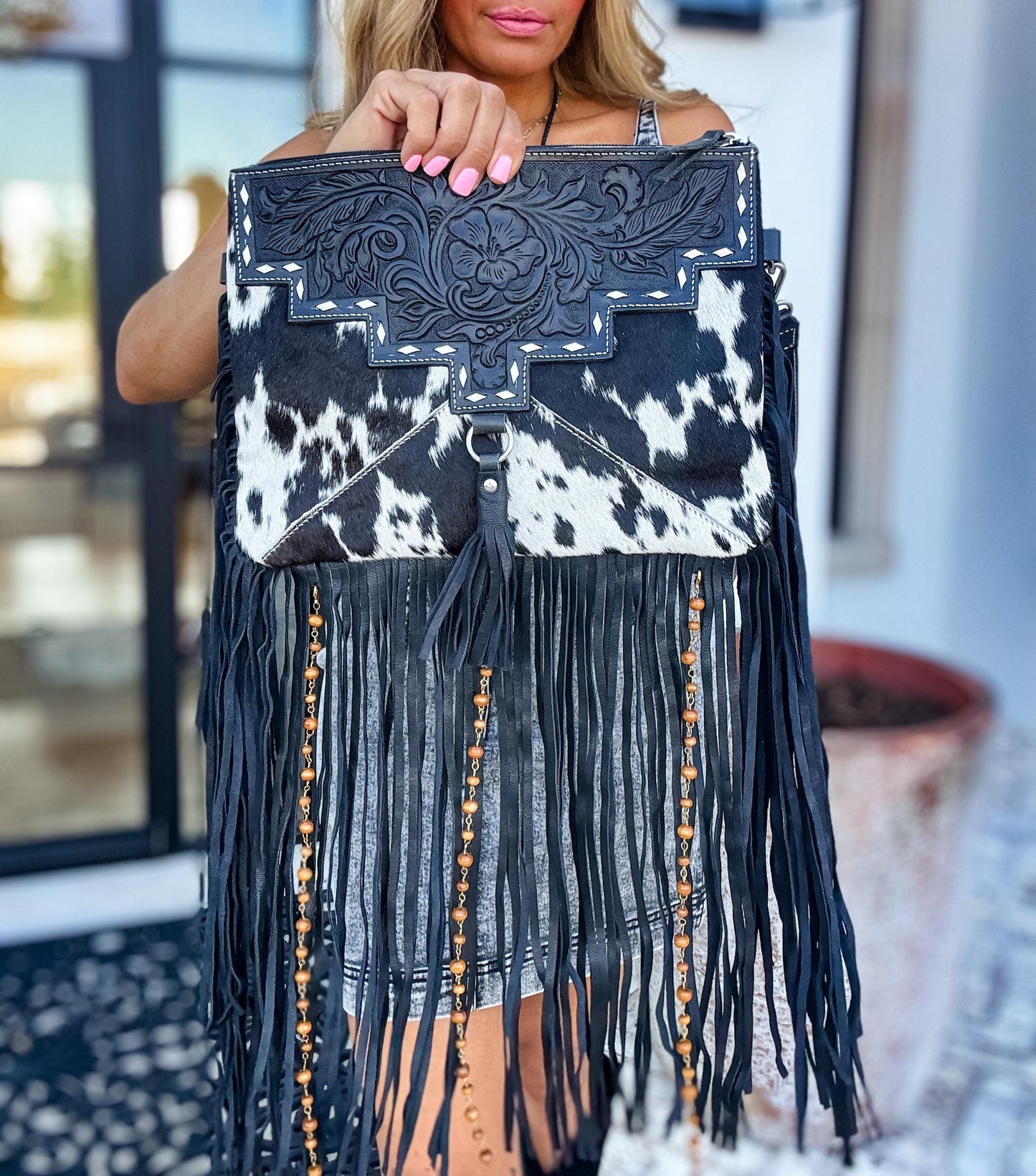 THE DIXIE CROSSBODY Hairon western cowhide hand tooled leather purse Messenger Fringe cowhide Bag